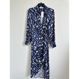 Mango Women’s Wrap Style Belted Dress Printed Viscose In Blue Size S / 4 USA